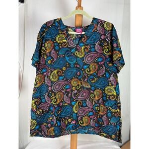 Divine Curves Womens 1X Scrub Top Paisley Neon Print V-Neck Short Sleeve Black